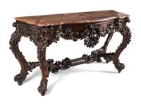 A Pair of English Carved Rosewood Marble-Top Console Tables