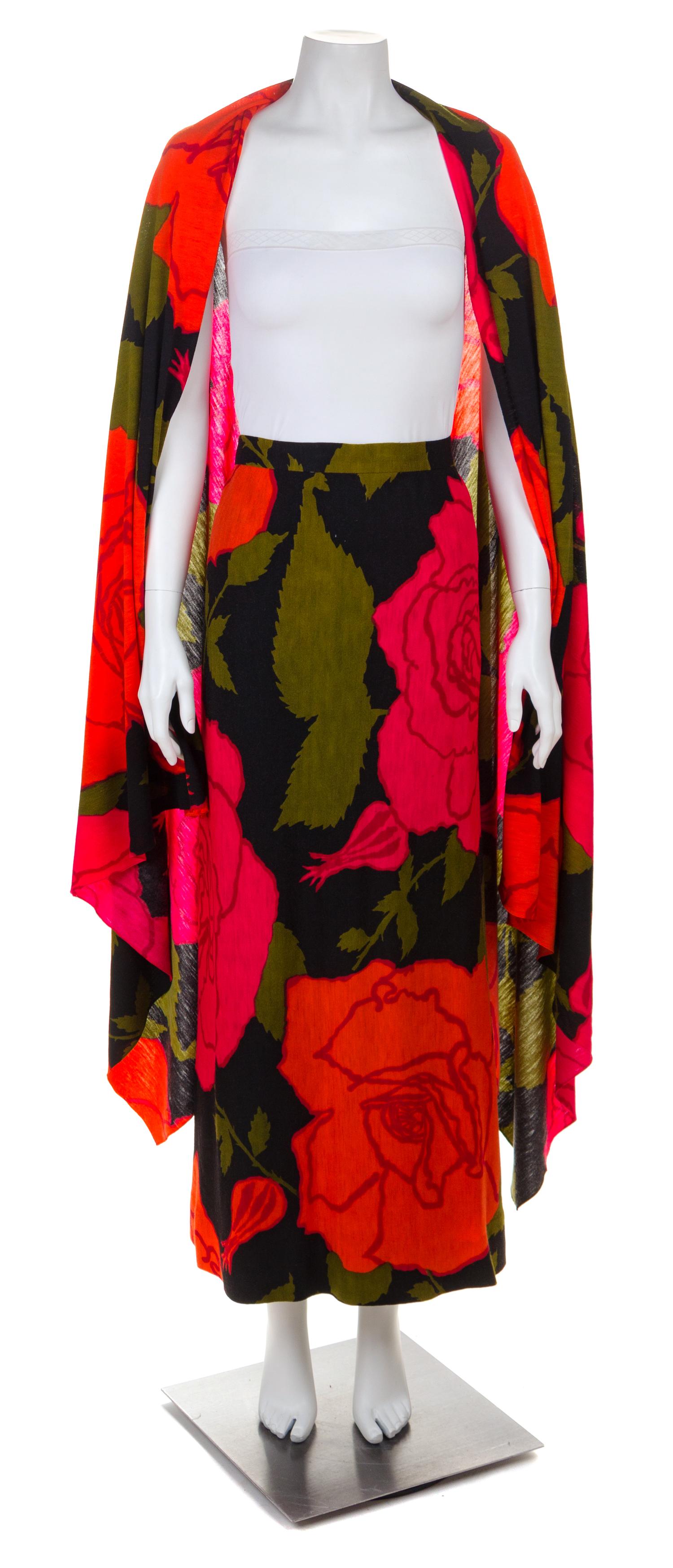An Arnold Scaasi Multicolor Wool Floral Evening Skirt and Wrap, No size.