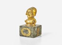 A French Louis Philippe gilt bronze and Verde antico marble inkwell in the form of a woman’s head, circa 1830