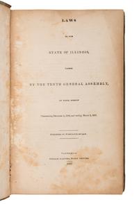 [CHICAGO]. Laws of the State of Illinois, Passed by the Tenth General Assembly, at their Session Commencing December 5, 1836, and ending March 6, 1837 . Vandalia: William Walters, 1837.