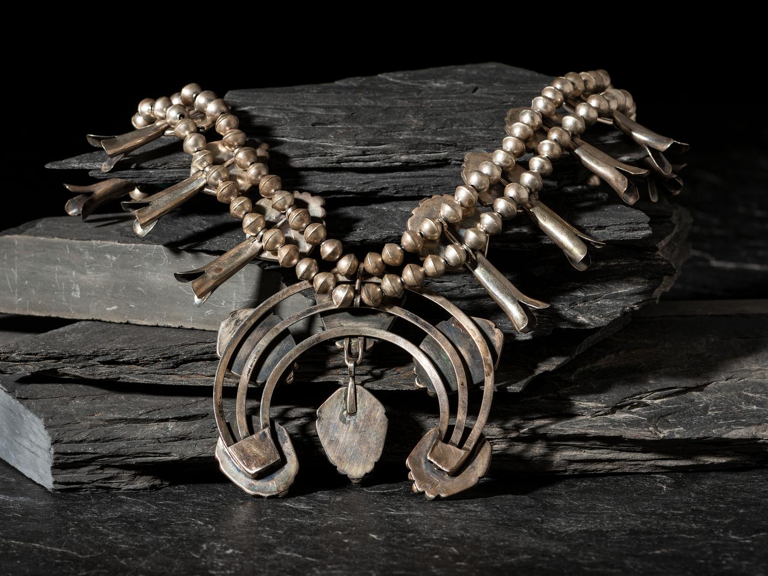 Navajo Silver and Turquoise Squash Blossom Necklace
