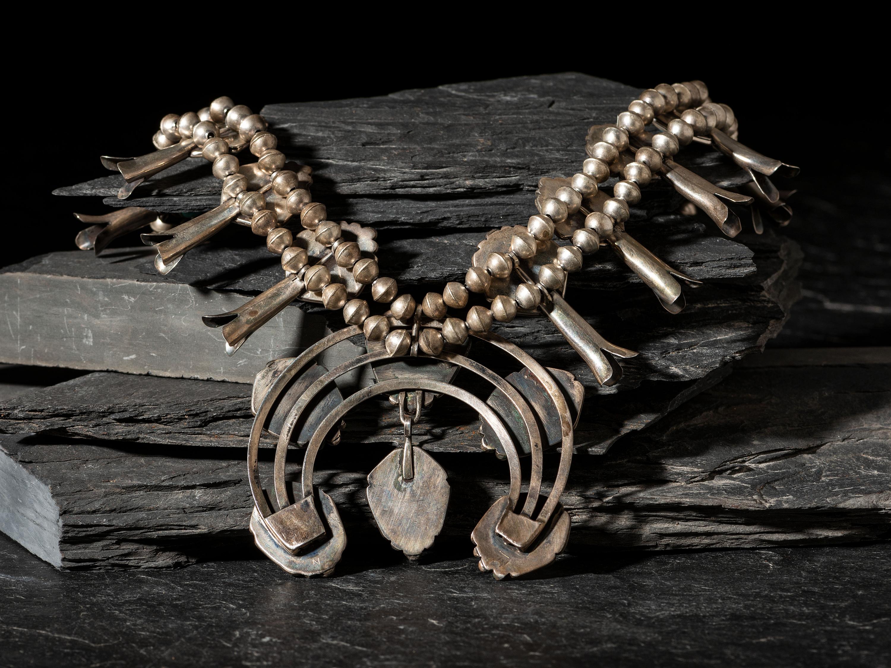 Navajo Silver and Turquoise Squash Blossom Necklace