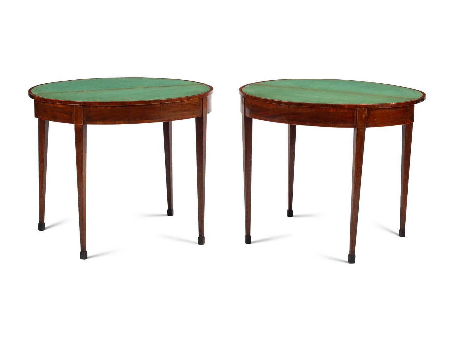 A Pair of George III Painted Satinwood-Inlaid Mahogany Flip-Top Tables