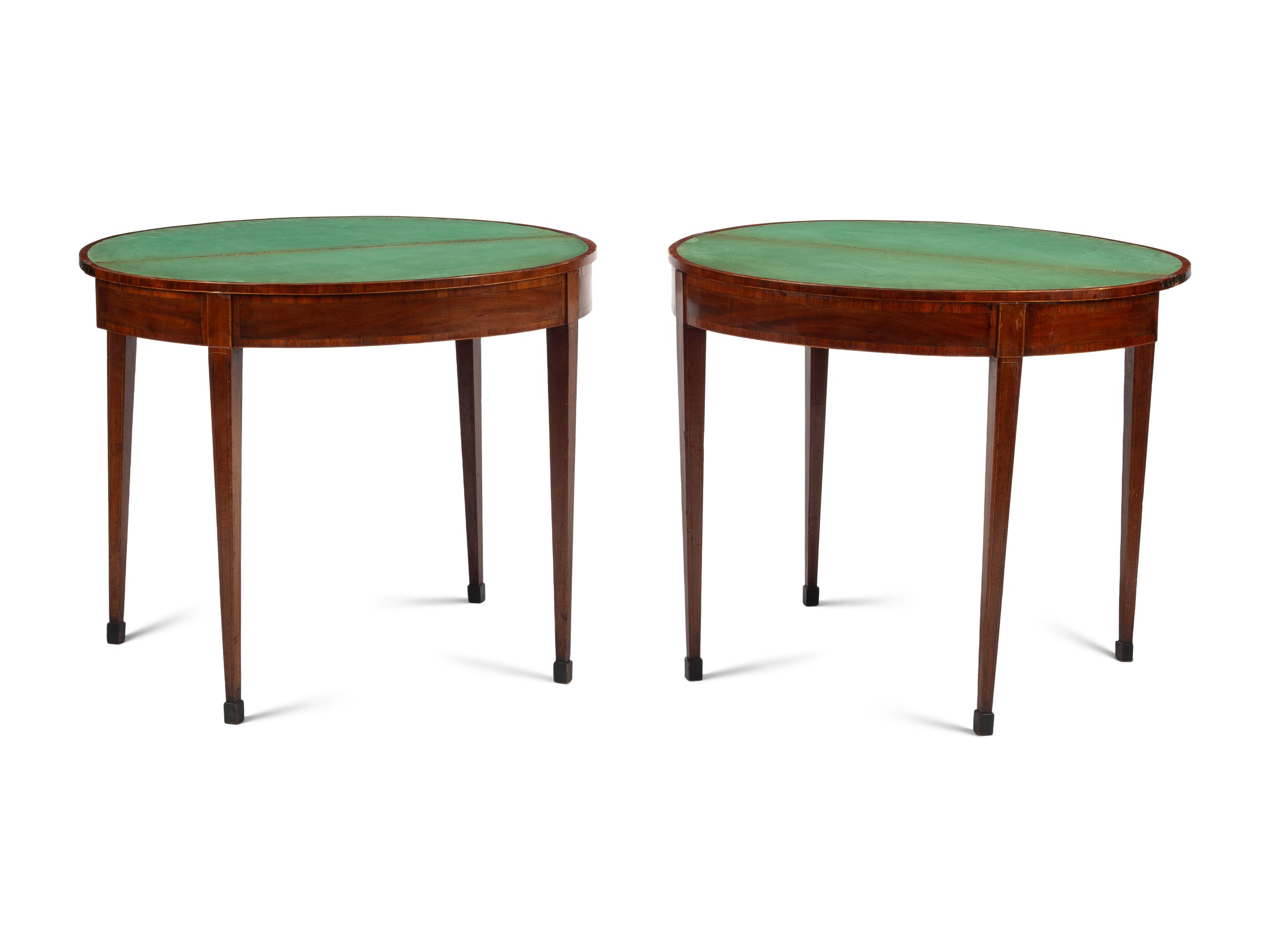 A Pair of George III Painted Satinwood-Inlaid Mahogany Flip-Top Tables