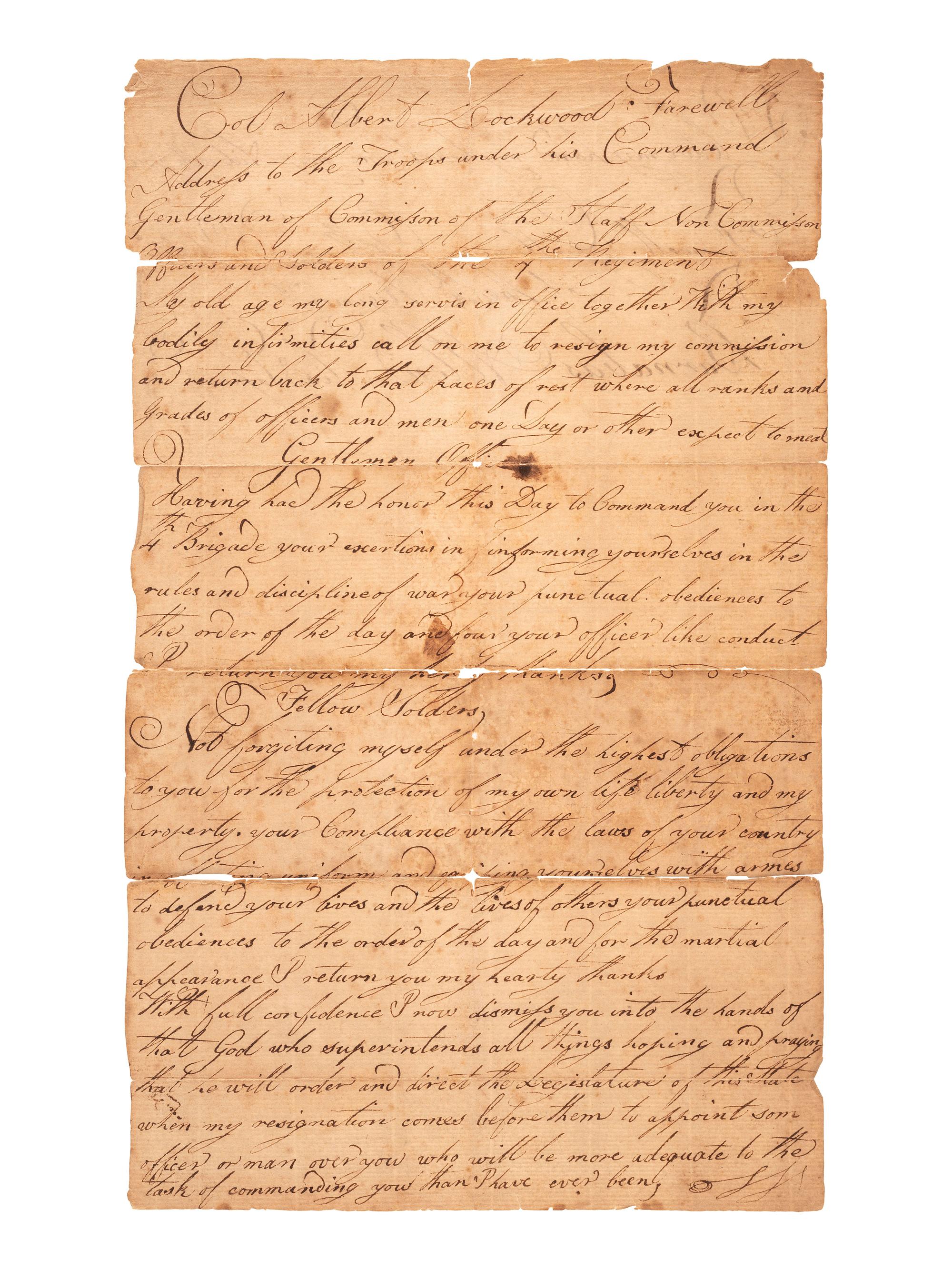 [WAR OF 1812]. Colonel Albert Lockwood's farewell address to his Connecticut regiment as recorded by Barnabas Allen accompanied by two War of 1812 soldiers' letters.