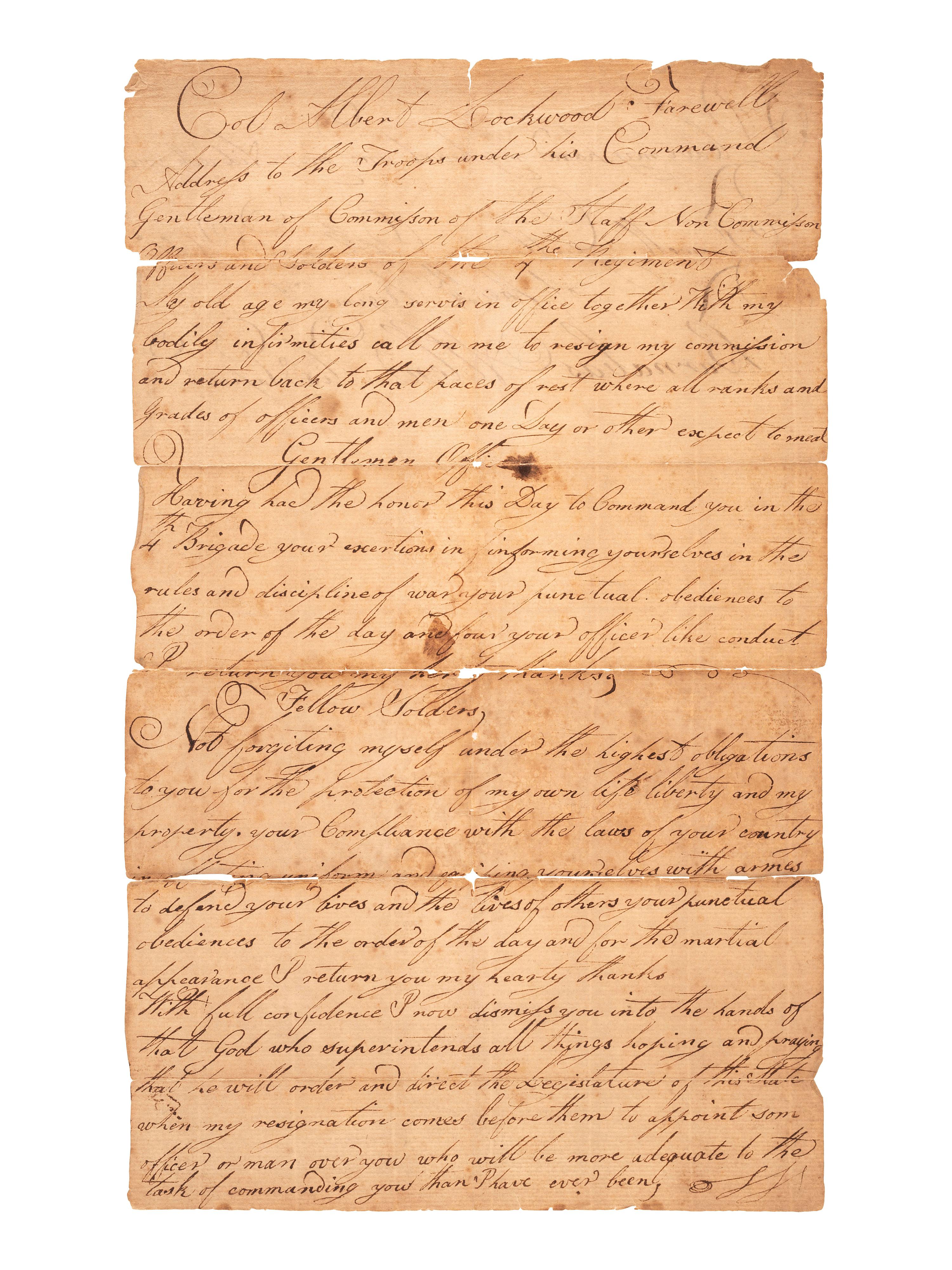 [WAR OF 1812]. Colonel Albert Lockwood's farewell address to his Connecticut regiment as recorded by Barnabas Allen accompanied by two War of 1812 soldiers' letters.