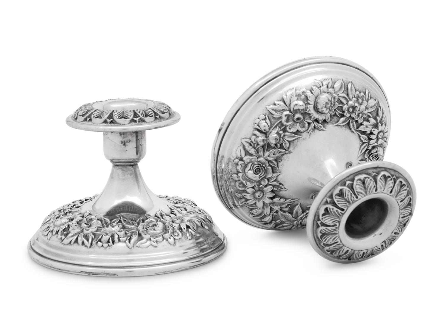 Two Pairs of S. Kirk and Son Repousse Silver Candlesticks