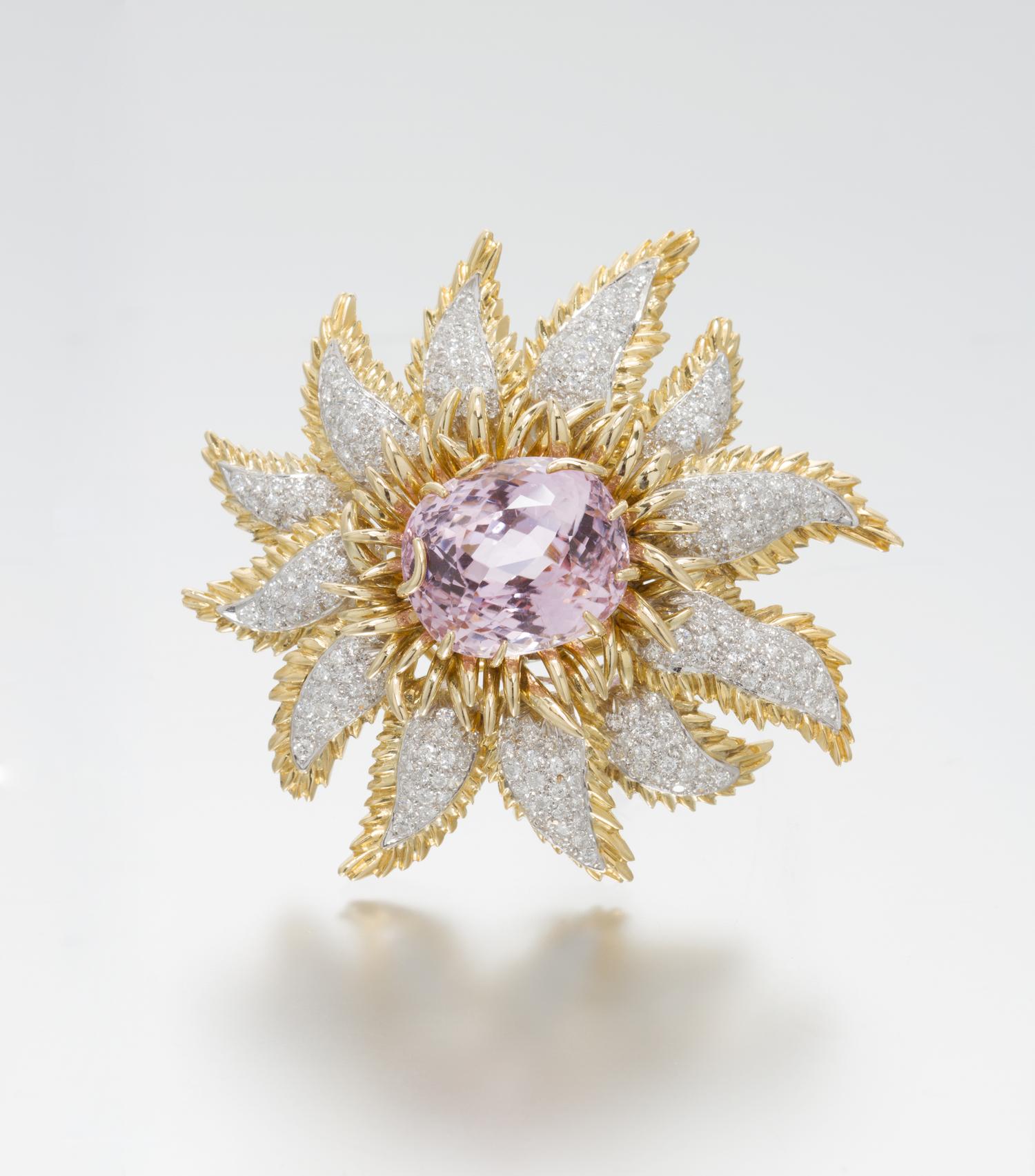 A Vintage 18 Karat Yellow Gold, Platinum, Kunzite and Diamond Brooch, Tiffany & Co., 32.10 dwts.