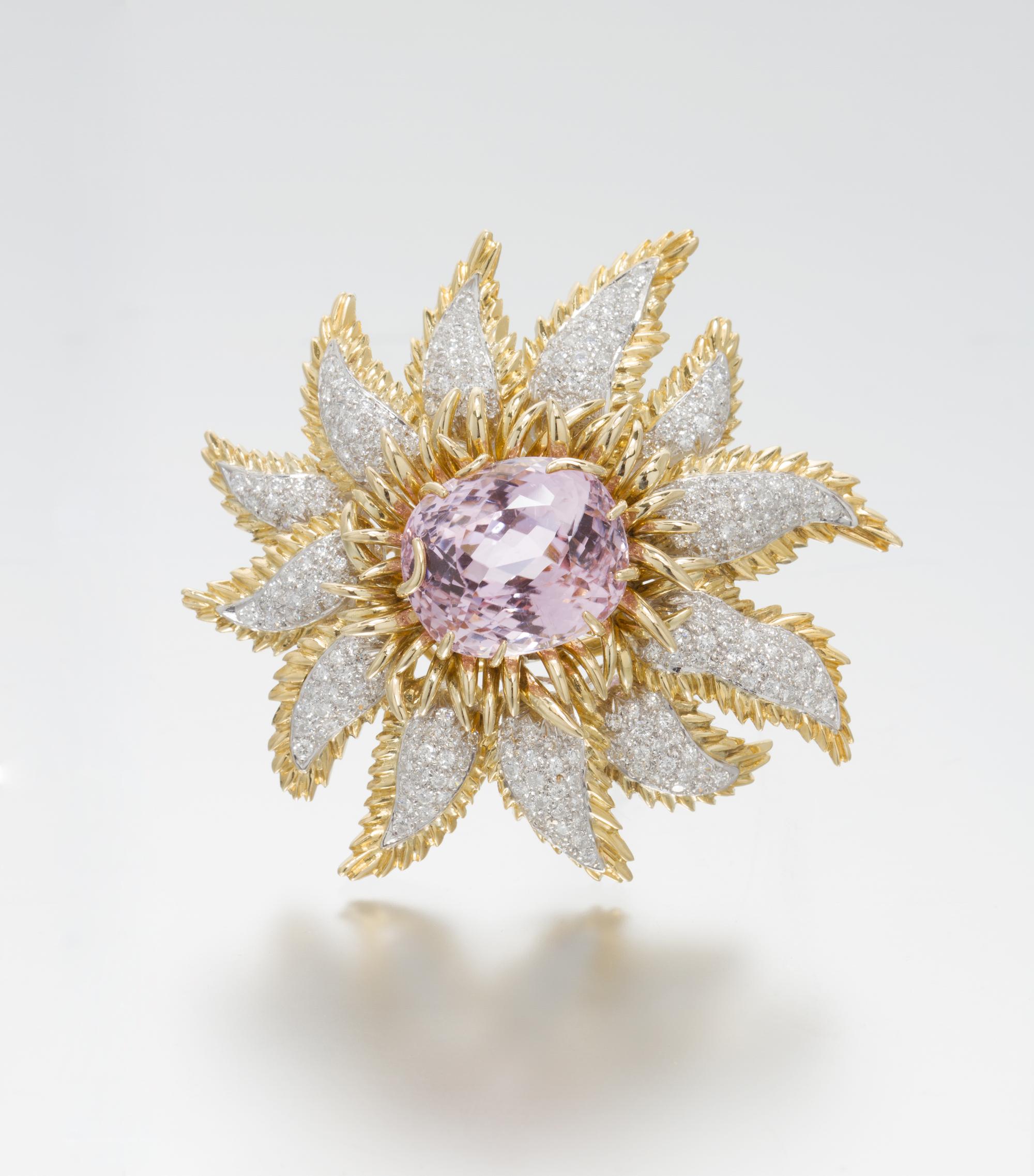 A Vintage 18 Karat Yellow Gold, Platinum, Kunzite and Diamond Brooch, Tiffany & Co., 32.10 dwts.