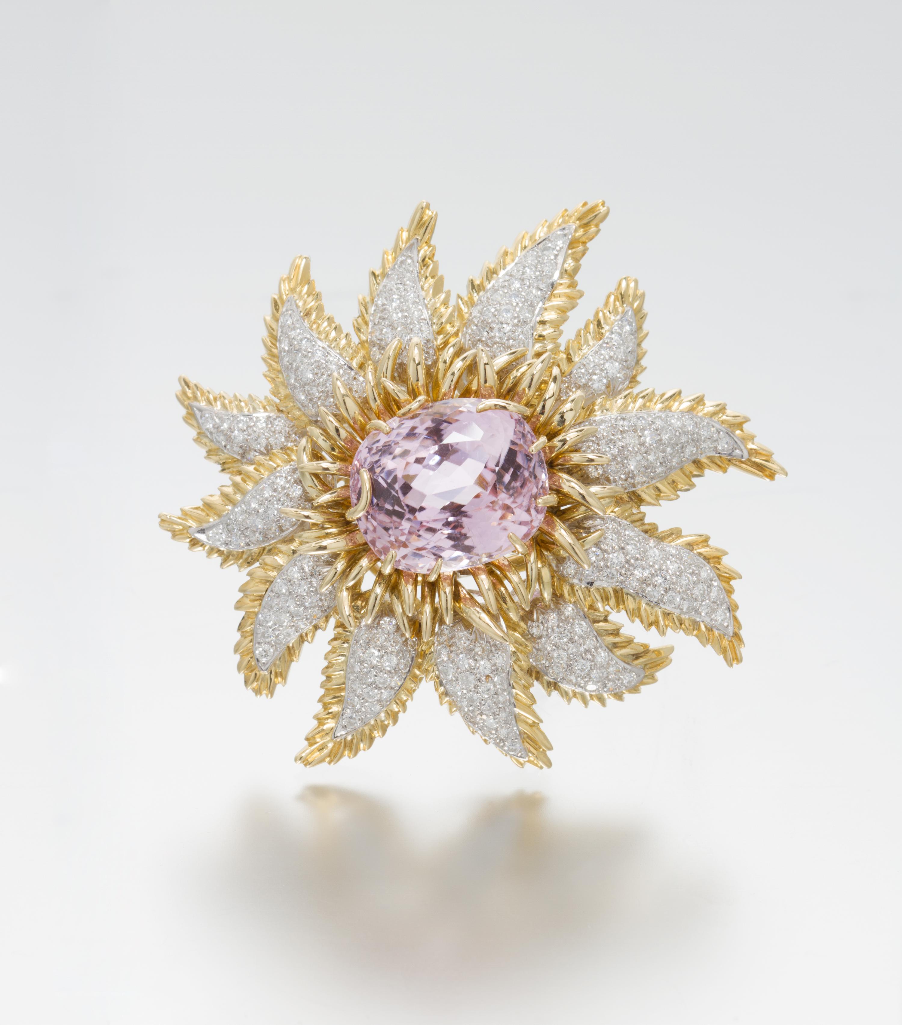 A Vintage 18 Karat Yellow Gold, Platinum, Kunzite and Diamond Brooch, Tiffany & Co., 32.10 dwts.
