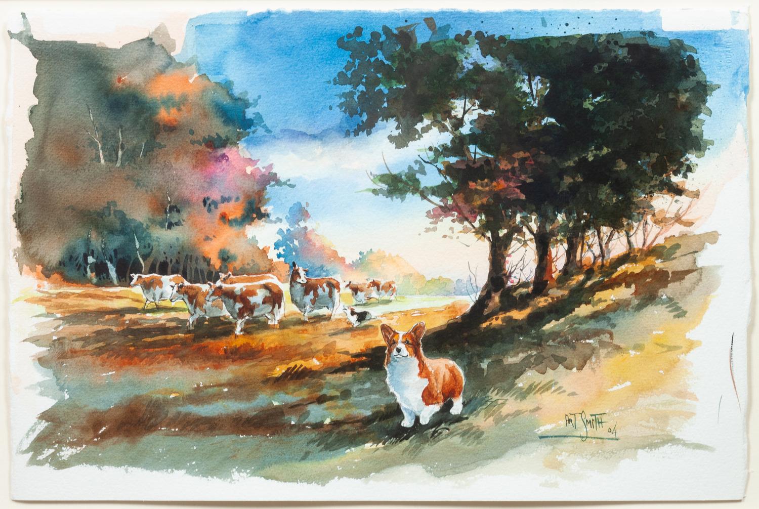 Three Works of Art depicting Pembroke Welsh Corgis Larger: 15 x 22 inches.