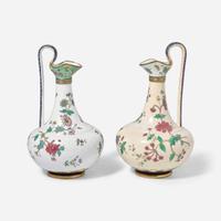 A near pair of Rörstrand enameled porcelain ewers Stockholm, Sweden, dated "1874"