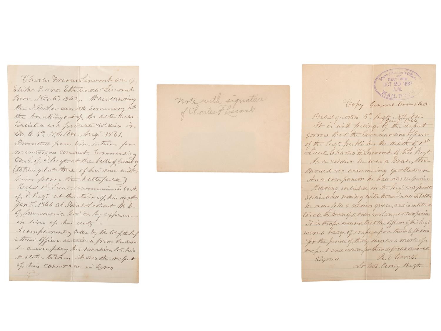 [CIVIL WAR]. New Hampshire 5th Infantry collection, identified to Charles F. Liscomb, WIA Antietam.