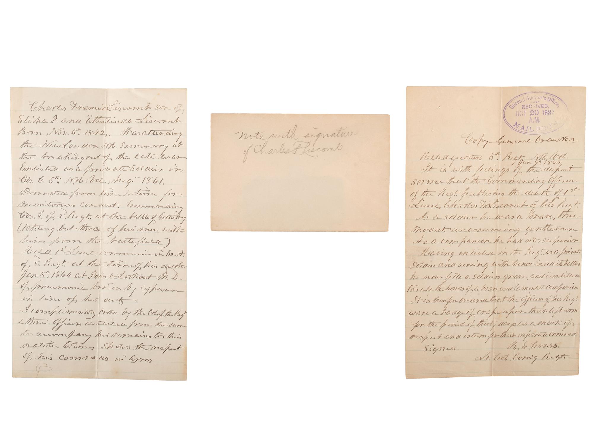 [CIVIL WAR]. New Hampshire 5th Infantry collection, identified to Charles F. Liscomb, WIA Antietam.