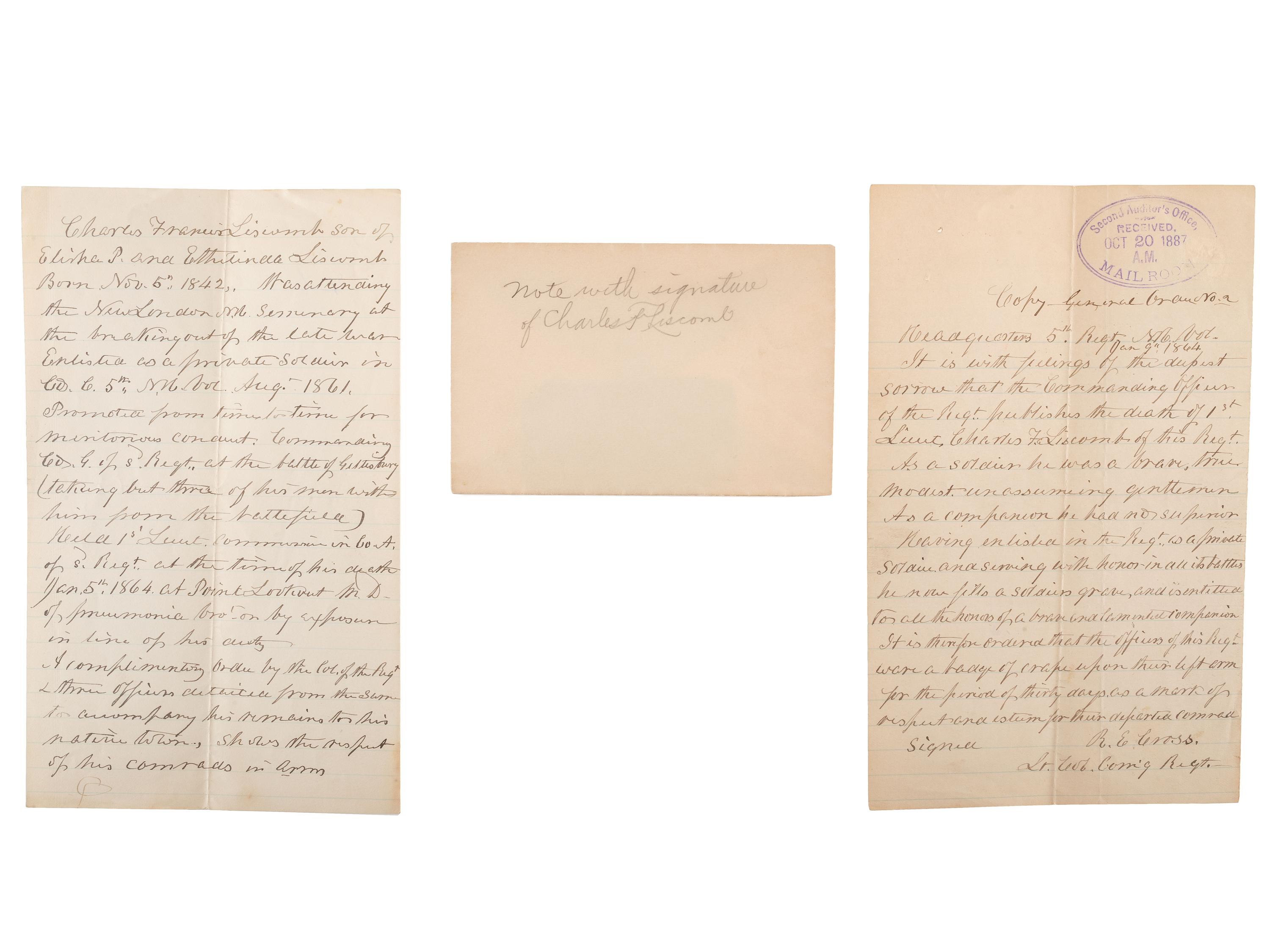 [CIVIL WAR]. New Hampshire 5th Infantry collection, identified to Charles F. Liscomb, WIA Antietam.