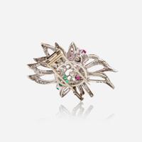 A 14K White Gold, Diamond, Ruby, and Emerald Brooch