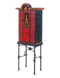 An Art Deco Painted and Parcel Gilt Cabinet on Iron Stand