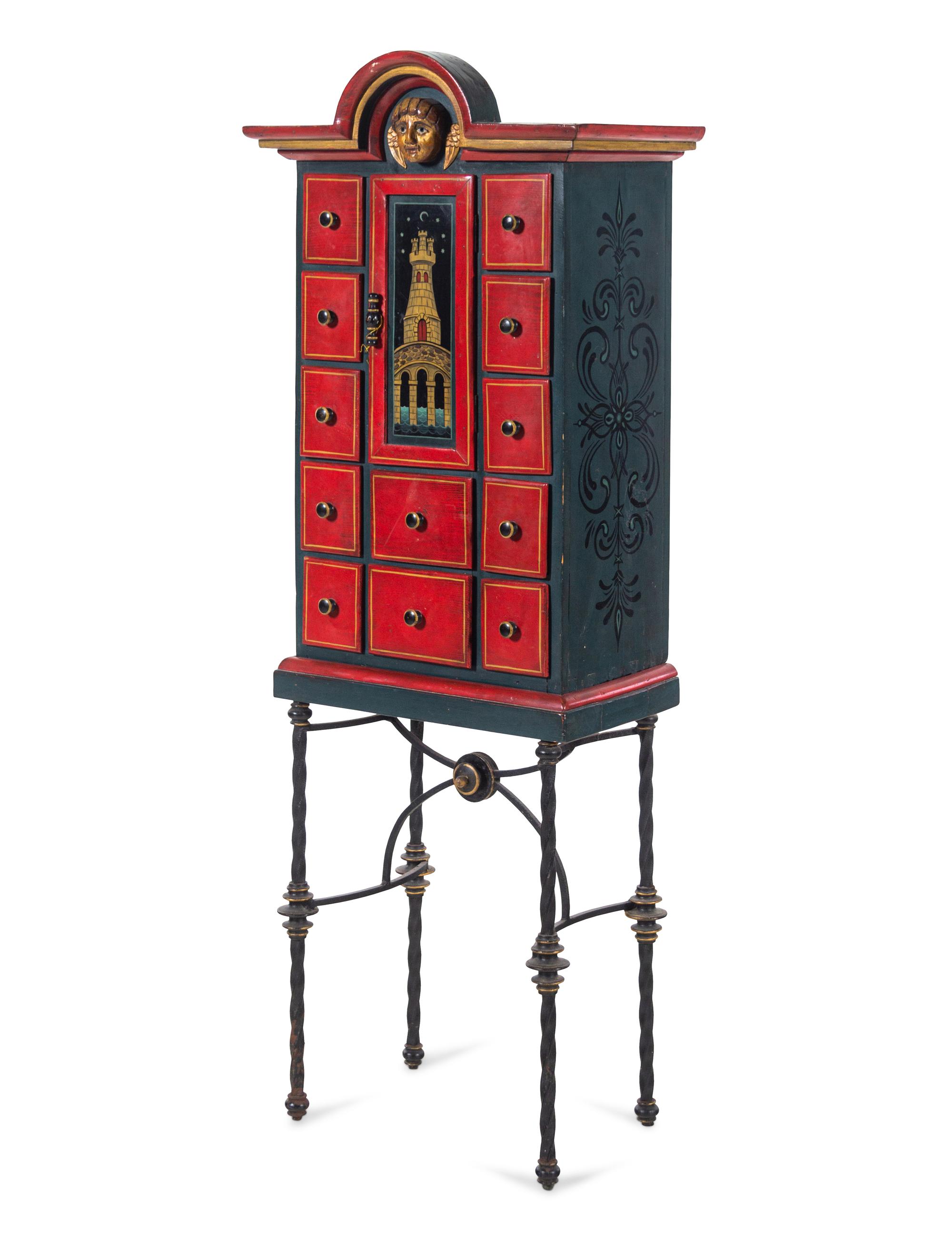 An Art Deco Painted and Parcel Gilt Cabinet on Iron Stand
