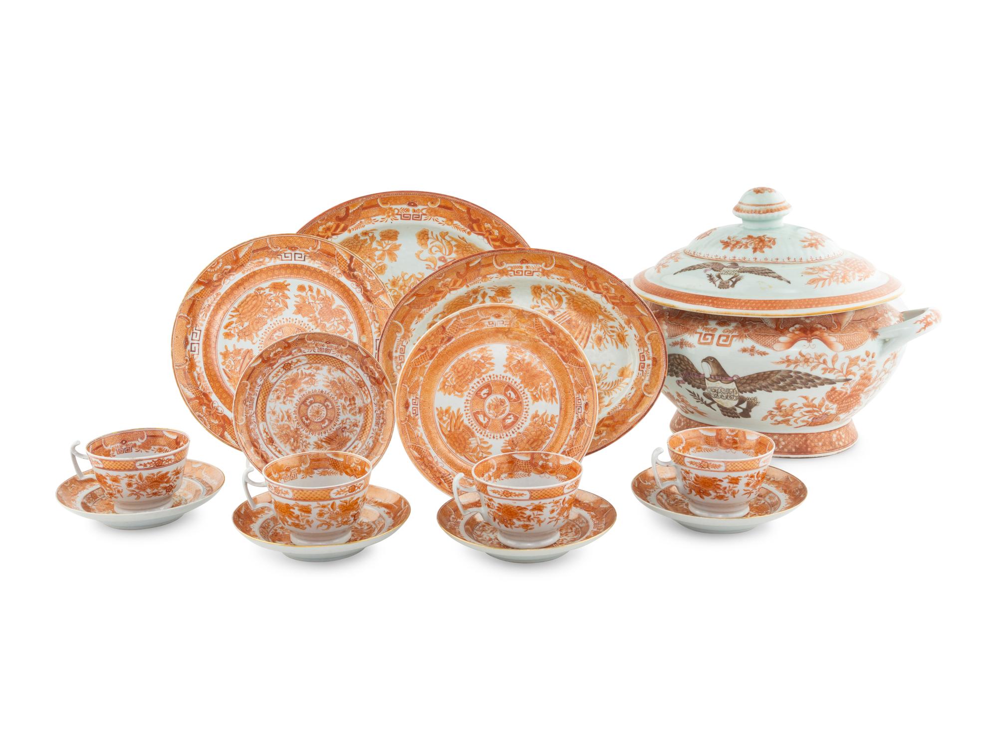 A Collection of Chinese Export Orange 'Fitzhugh' Porcelain Table Articles