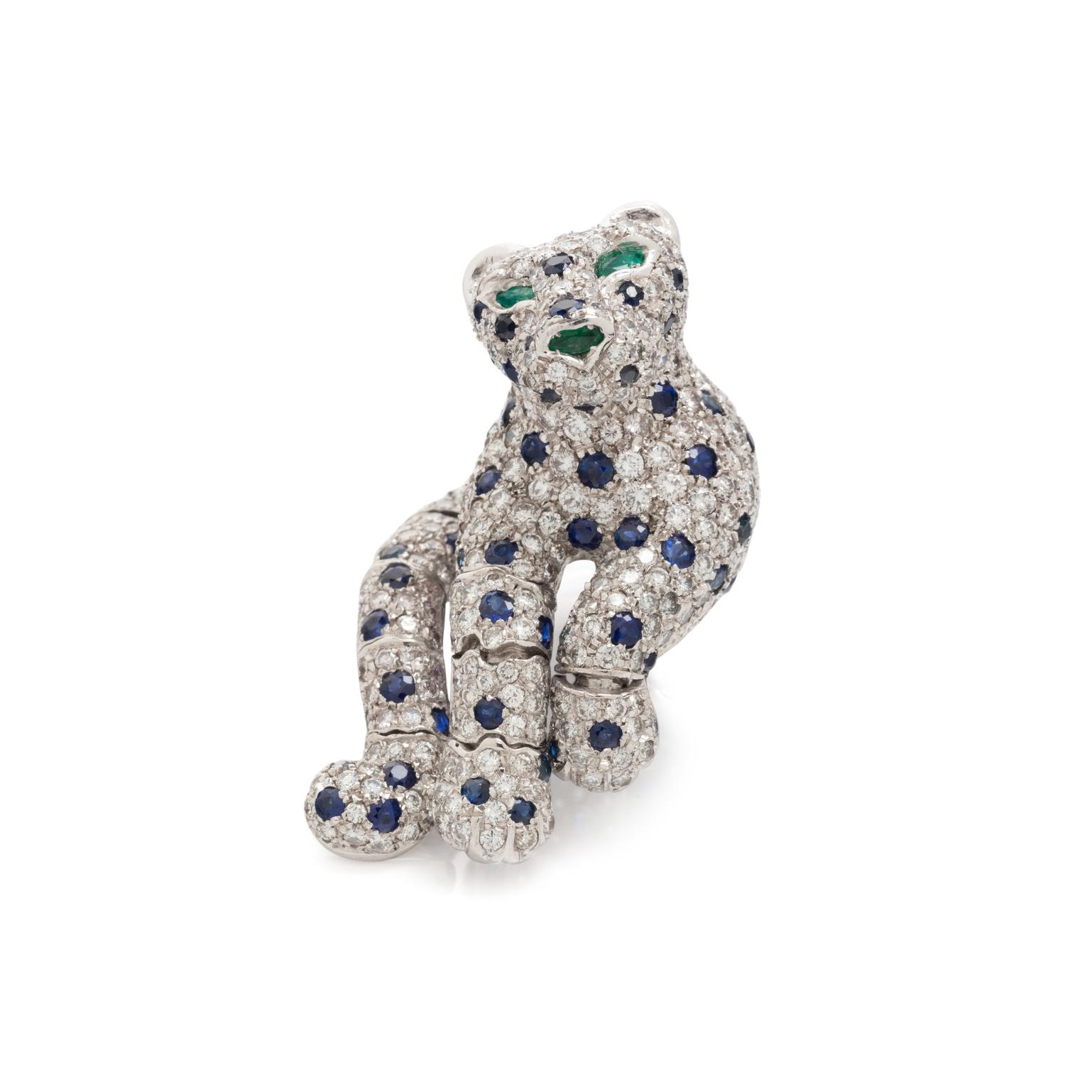 PLATINUM, DIAMOND, SAPPHIRE, AND EMERALD LEOPARD PIN