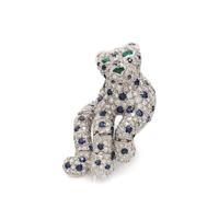 PLATINUM, DIAMOND, SAPPHIRE, AND EMERALD LEOPARD PIN