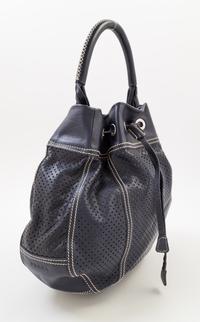 A Prada Navy Perforated Leather Bucket Bag, 13" x 12" x 4"; Handle drop: 4.5".