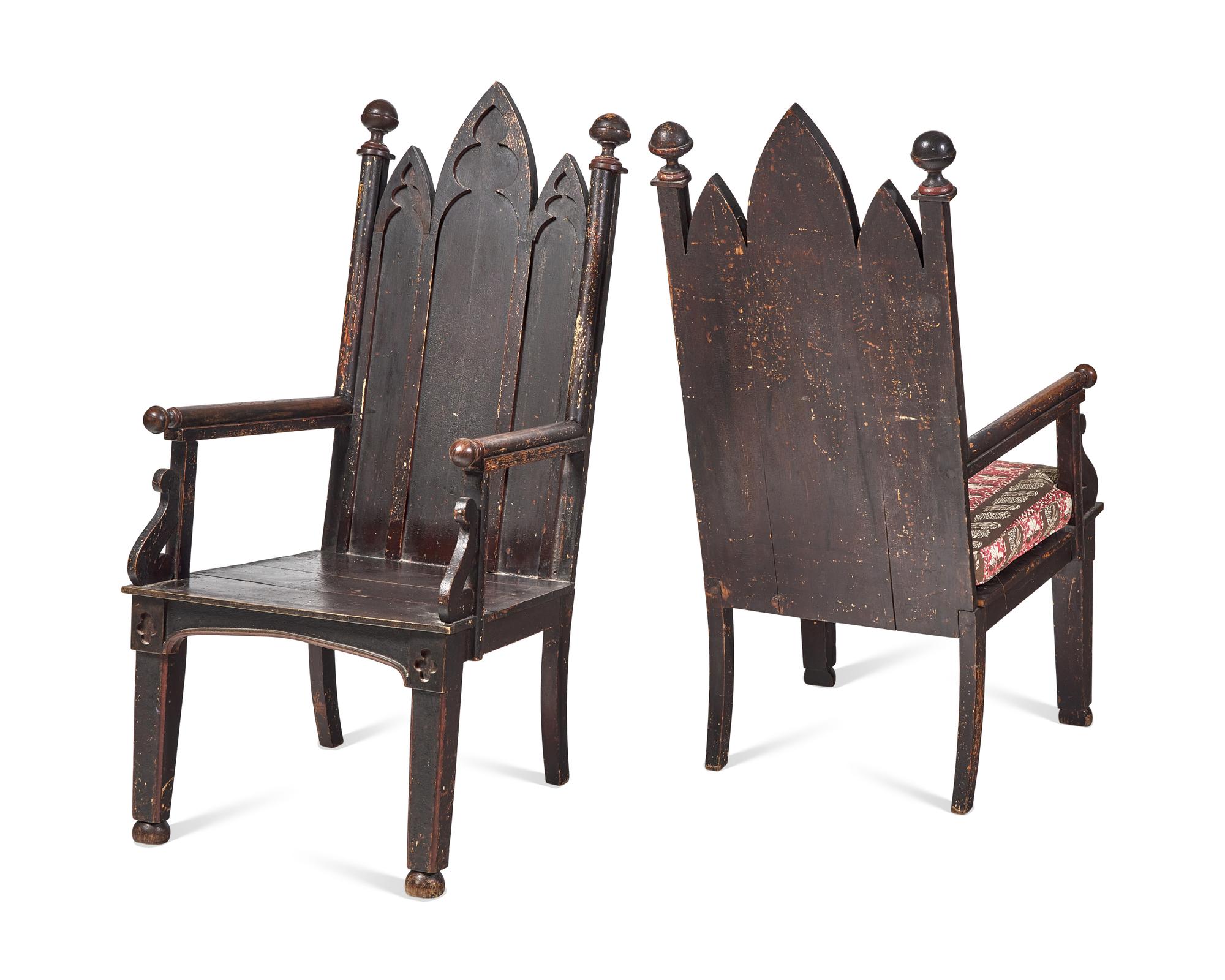 A Pair Of Painted Gothic Revival Carved Oak Armchairs