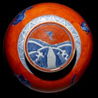 A Chinese Coral-Red Ground Underglaze Blue Porcelain Covered Ginger Jar, 18th Century 清中期 珊瑚紅地青花瑞獸圖蓋罐