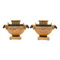 A Pair of Neoclassical Painted and Parcel Gilt Flat-Back Table Ornaments