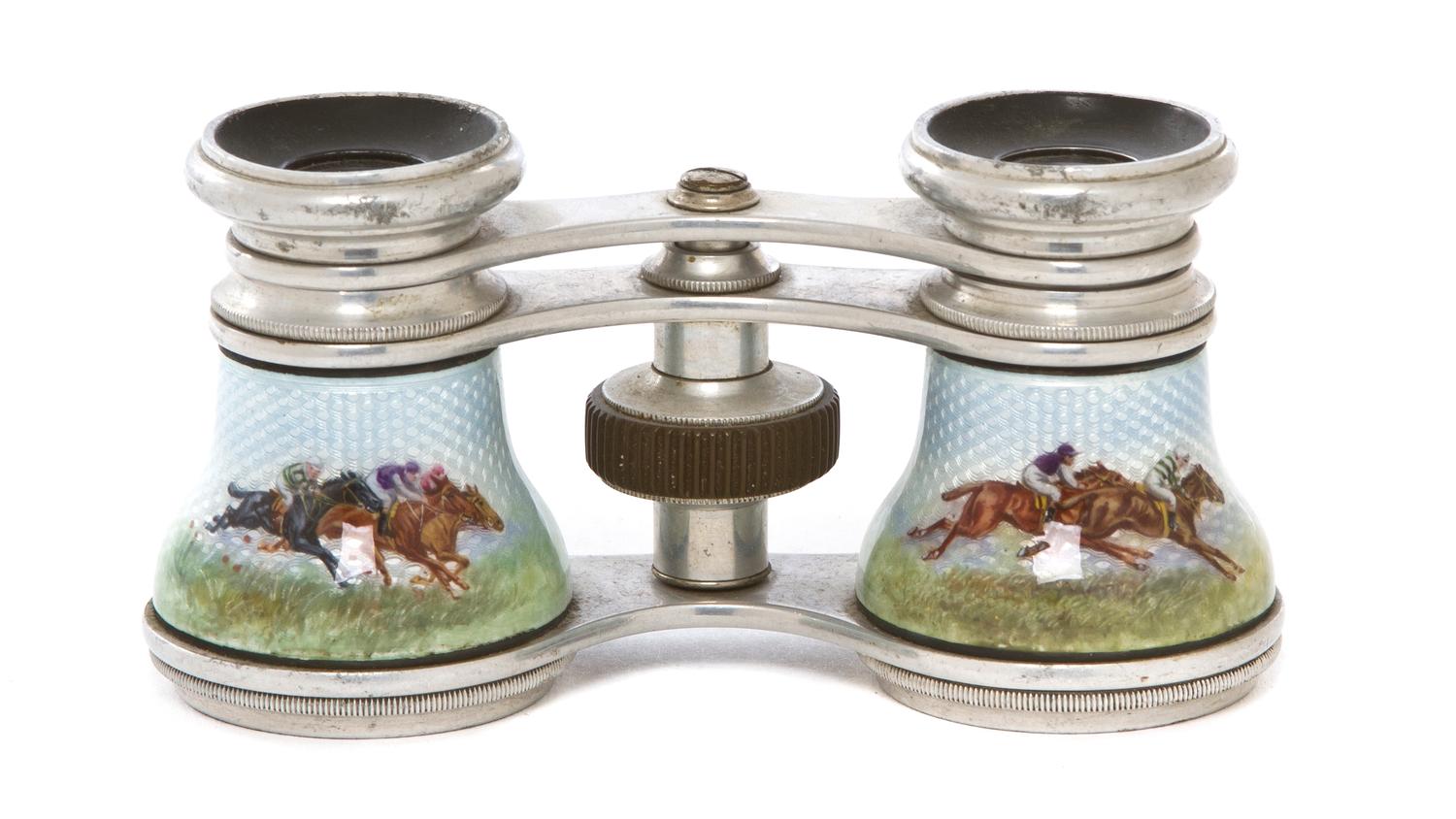 A Pair of Continental Guilloche Enameled Opera Glasses, Width 3 7/8 inches.