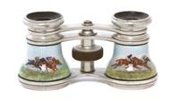 A Pair of Continental Guilloche Enameled Opera Glasses, Width 3 7/8 inches.