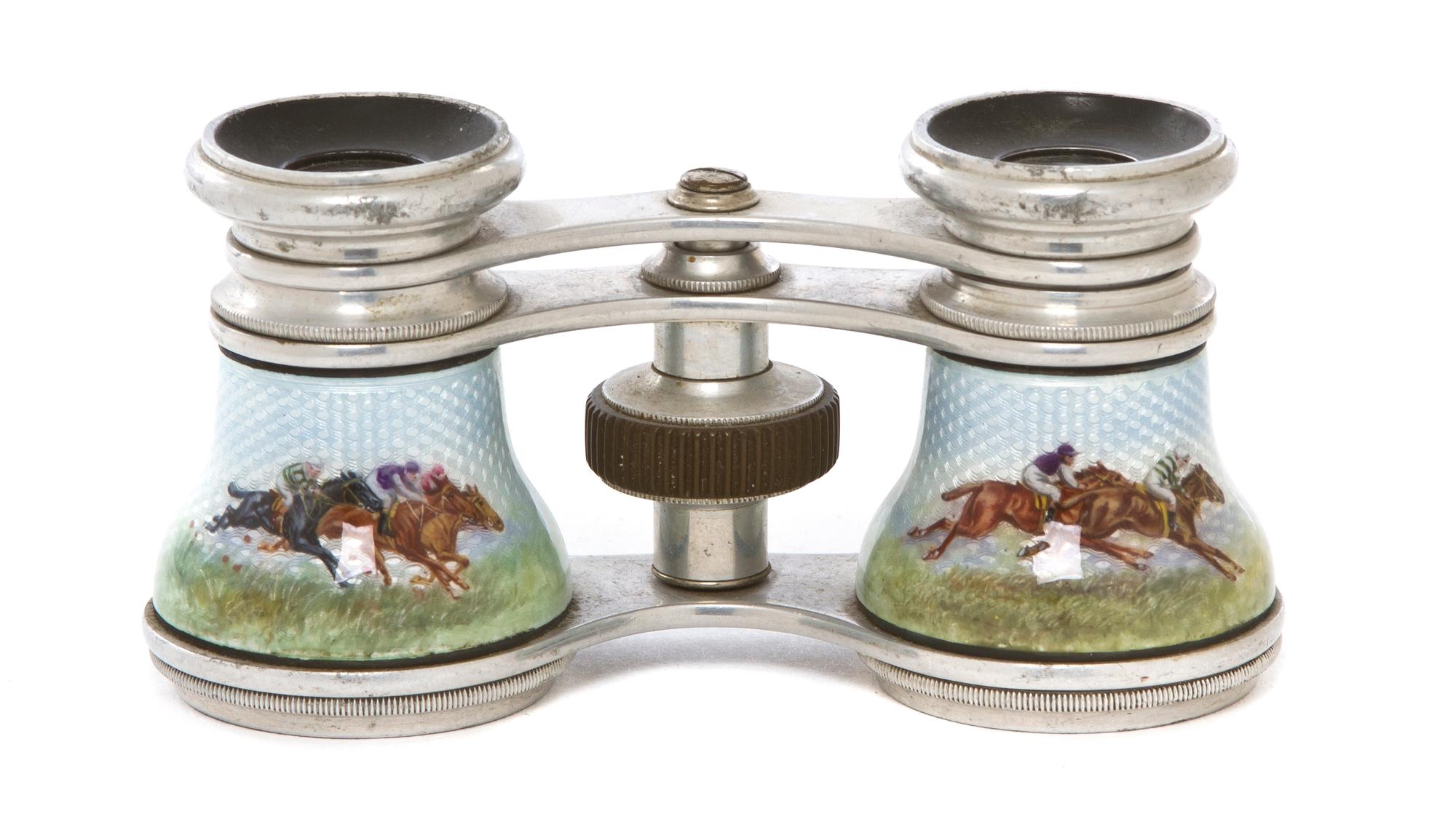 A Pair of Continental Guilloche Enameled Opera Glasses, Width 3 7/8 inches.