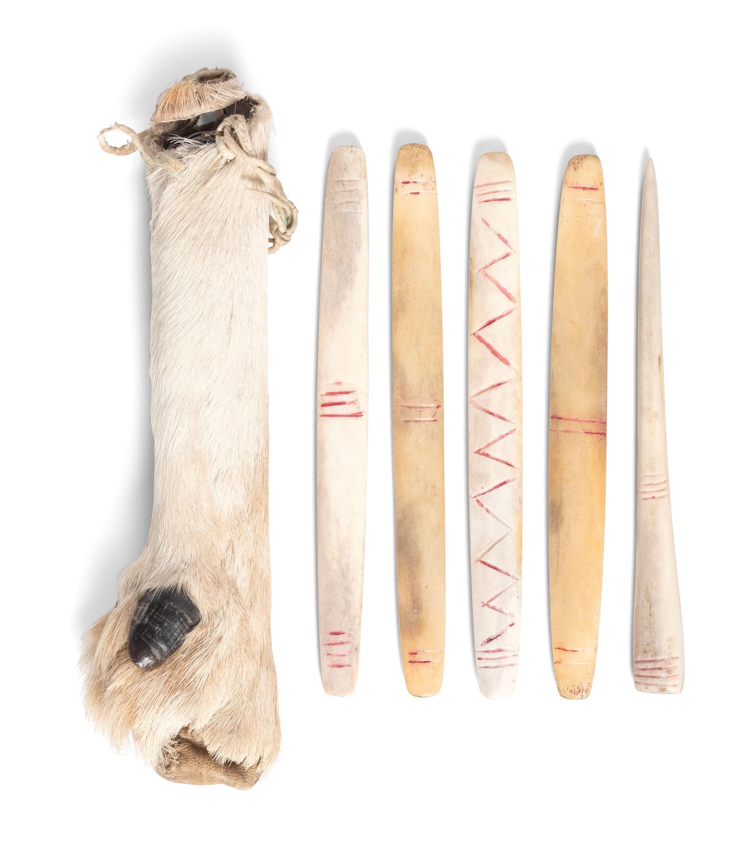 Blackfeet Hand Game Pieces, with Antelope Leg Case, From the Collection of Forrest Fenn