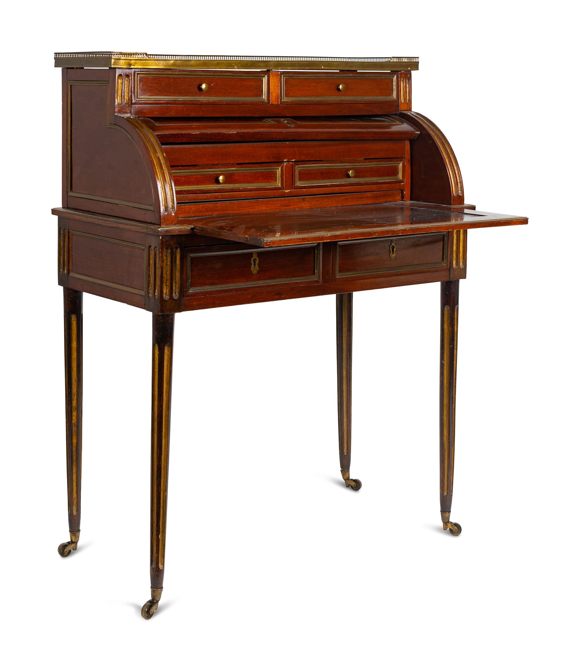 A Louis XVI Style Brass Mounted Mahogany Bureau a Cylindre — 19TH CENTURY
