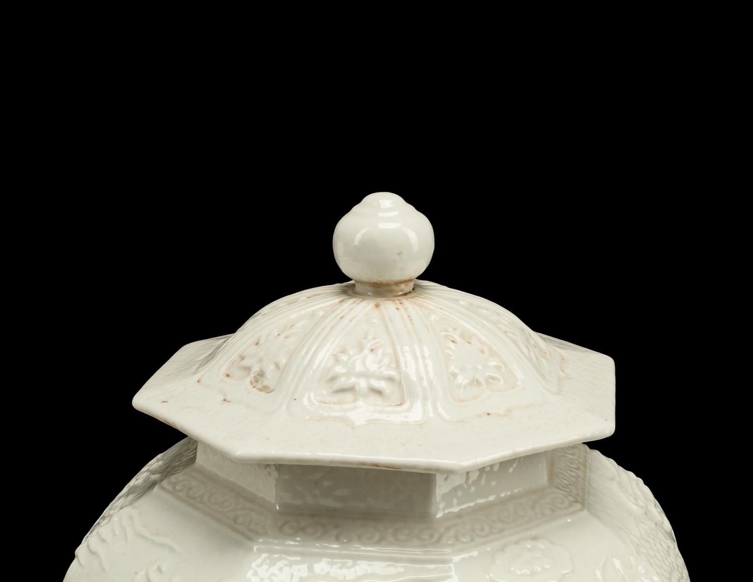A Pair of Blanc de Chine Porcelain Hexagonal Jars