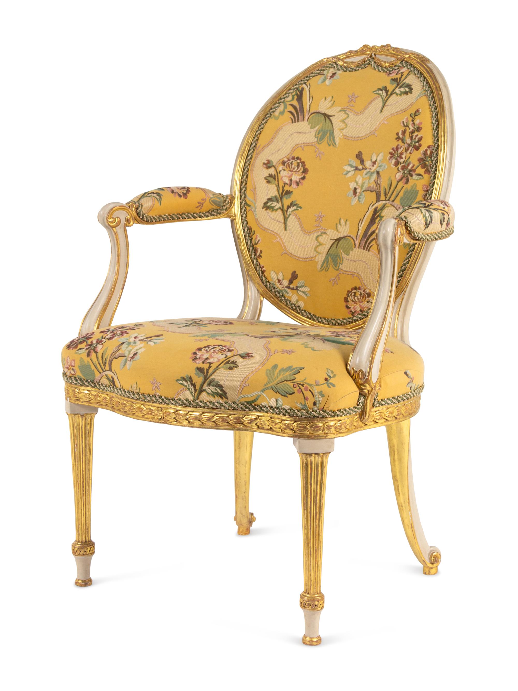 A George III White-Painted and Parcel-Gilt Open Armchair