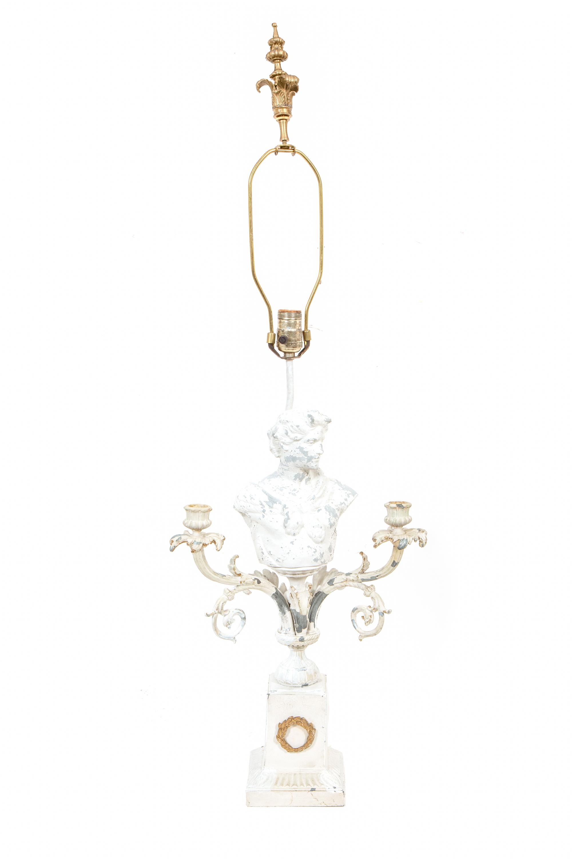 A White-Painted Cast Metal Three-Light Candelabrum Mounted as a Lamp