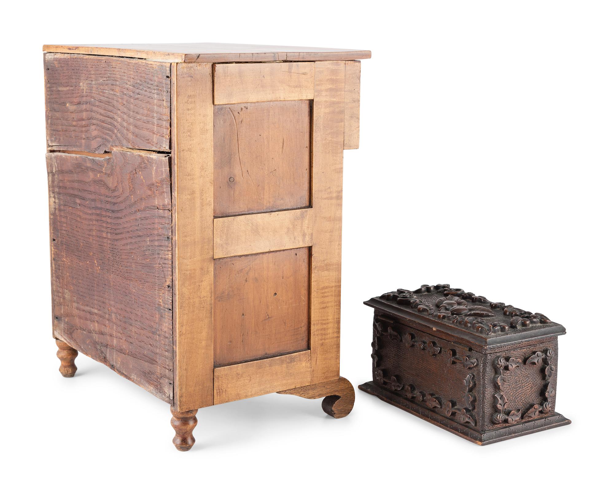 A Miniature Classical Chest of Drawers and Carved Box