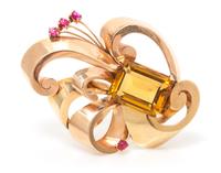 A Retro Gold, Citrine and Ruby Brooch, 23.20 dwts.