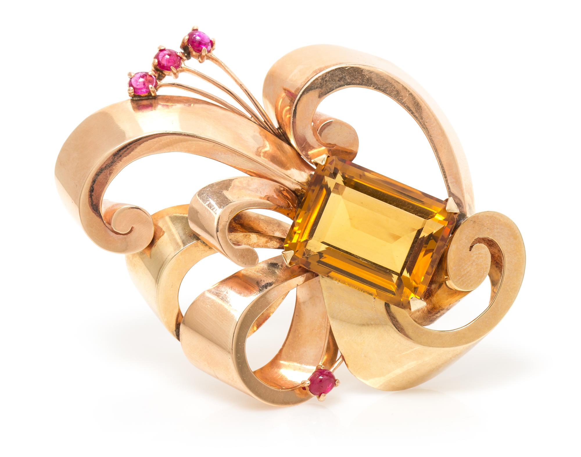 A Retro Gold, Citrine and Ruby Brooch, 23.20 dwts.