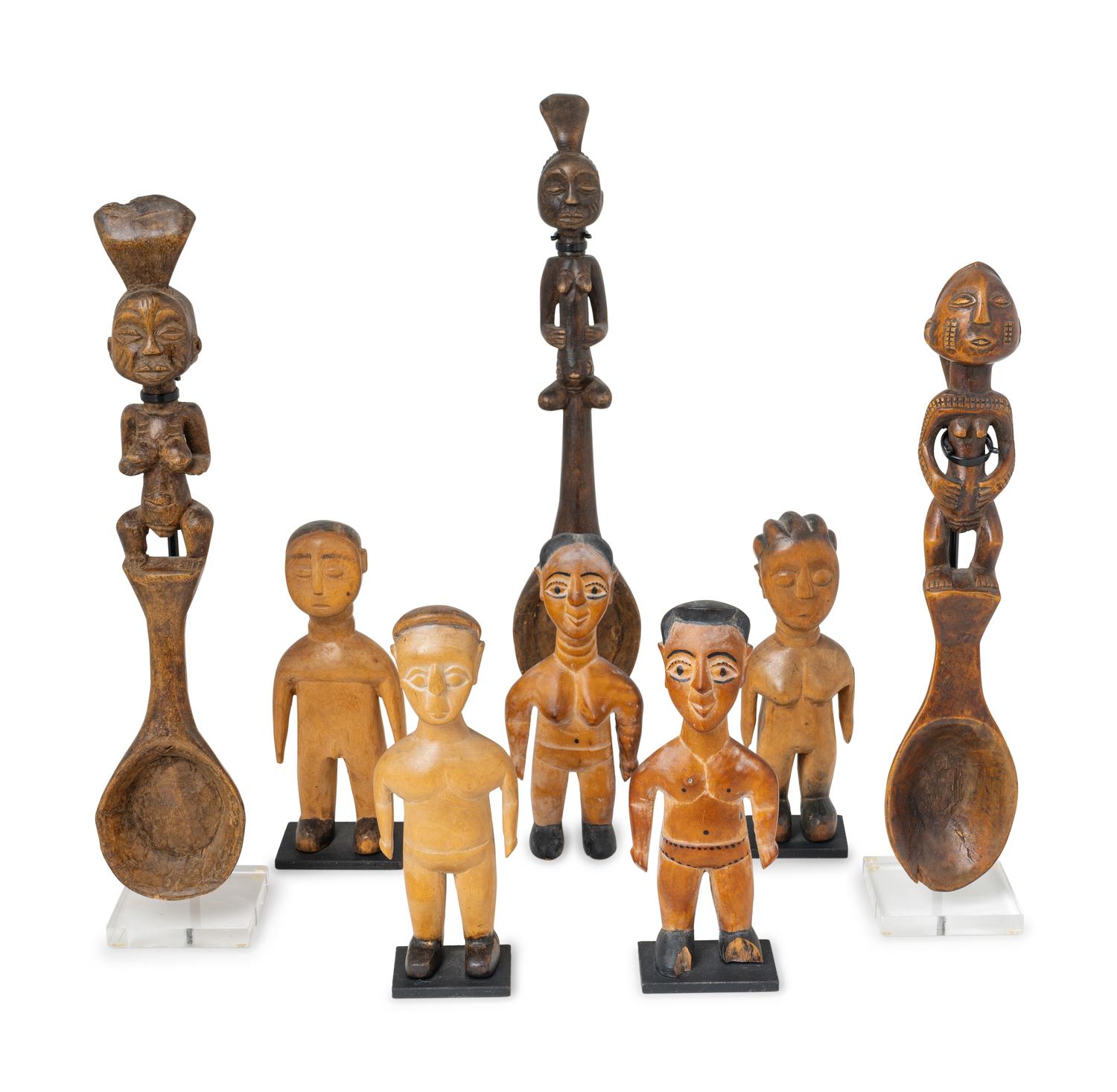 Three African Carved Wood Spoons and Five Ewe Carved Wood Dolls