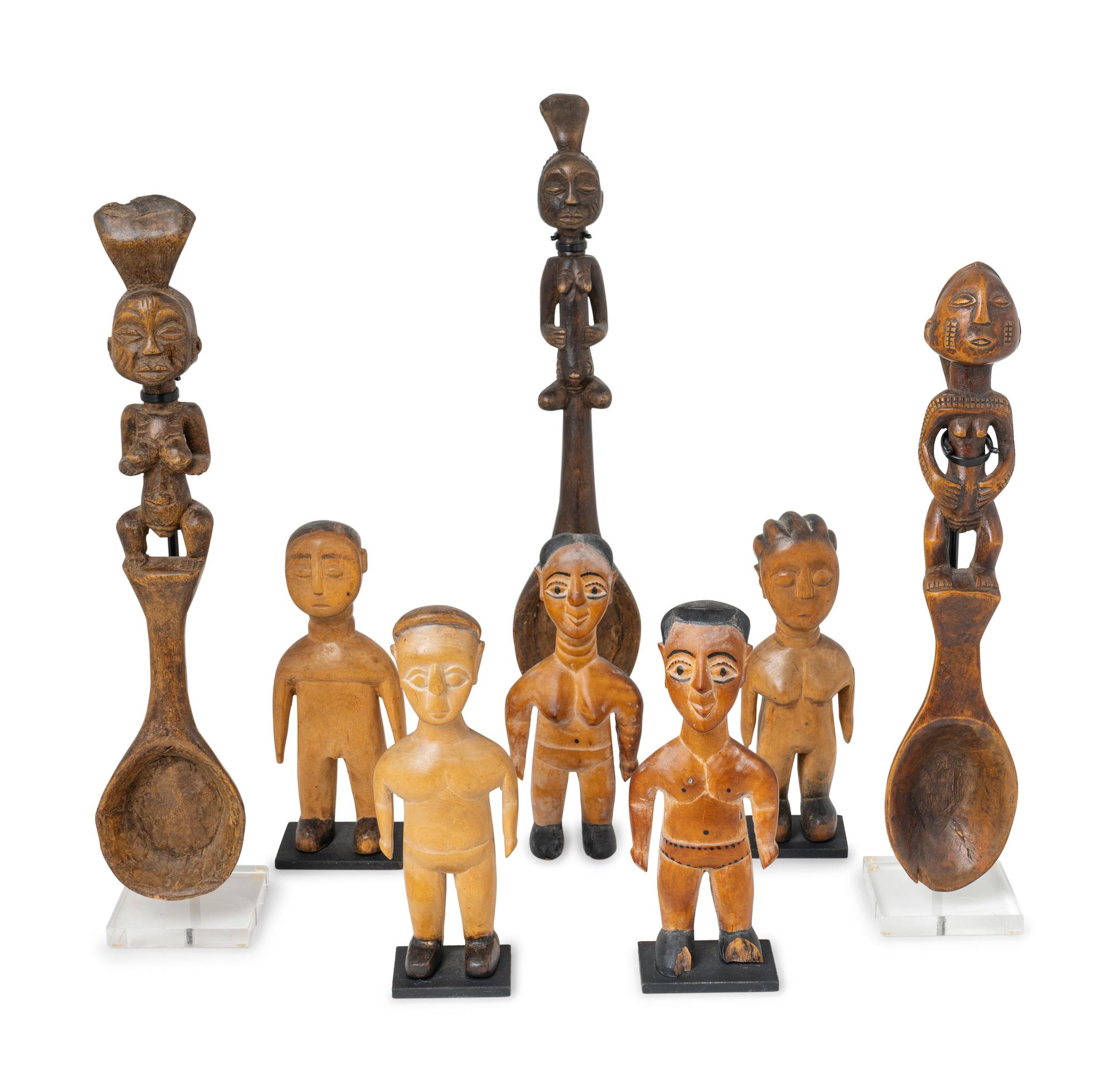 Three African Carved Wood Spoons and Five Ewe Carved Wood Dolls