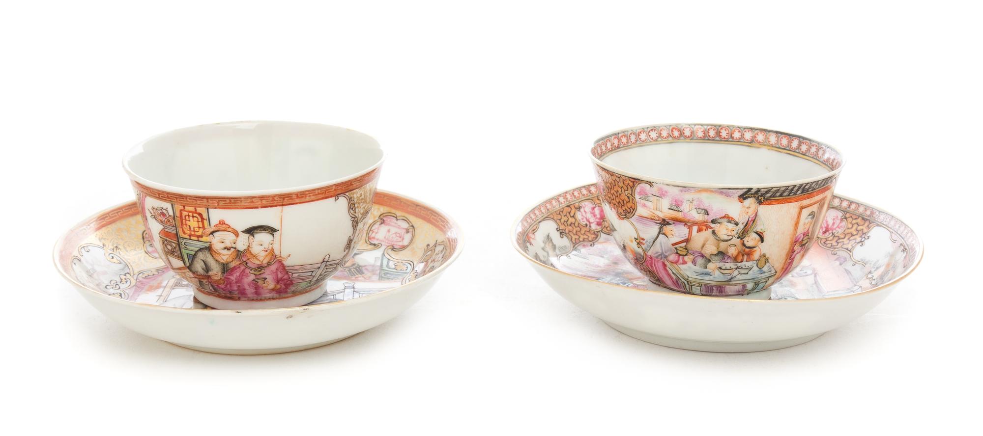 Two Sets of Chinese Export Famille Rose Porcelain Cups and Saucers Diameter of saucer 4 3/4 inches. — 18TH CENTURY