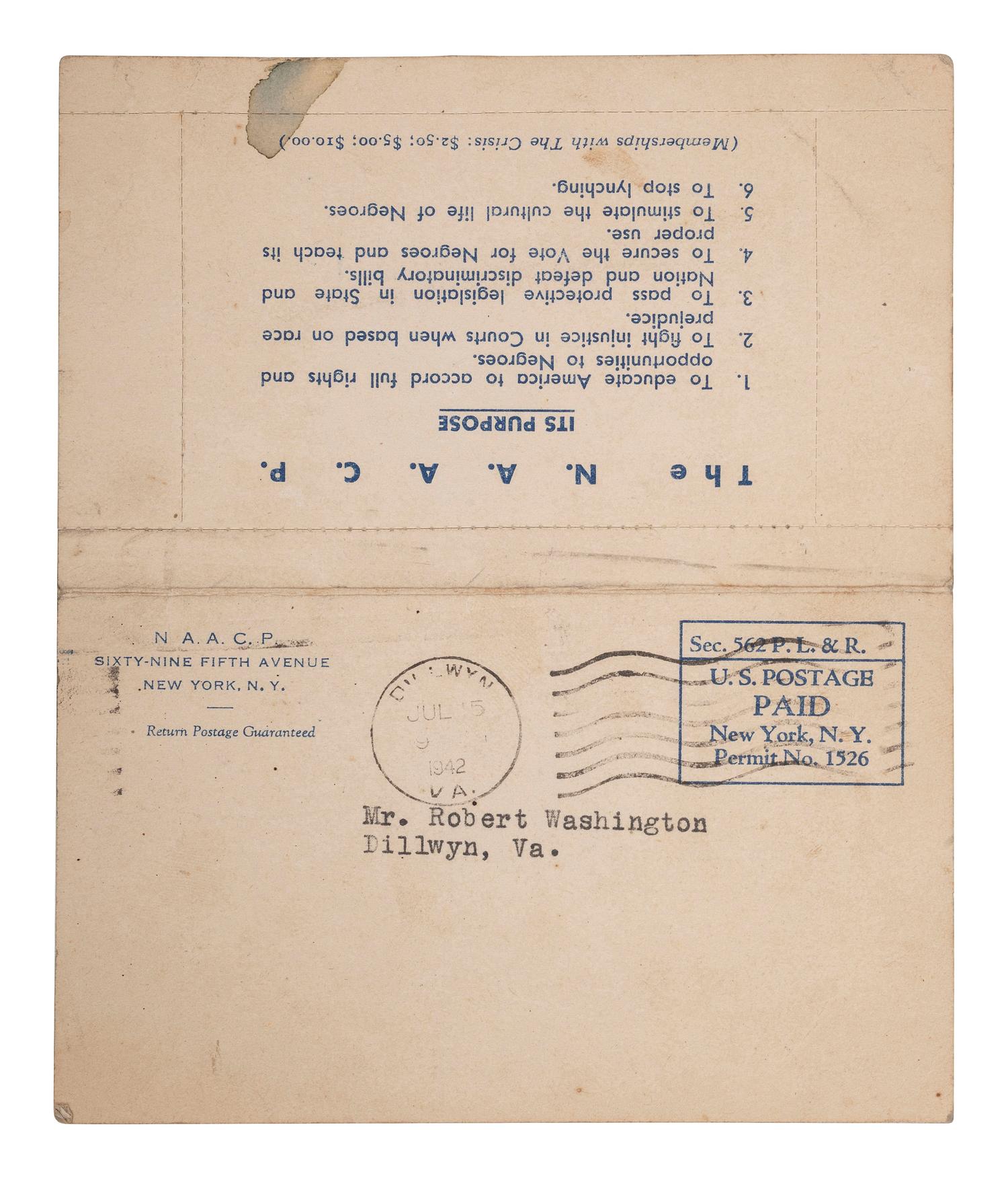 [CIVIL RIGHTS]. NAACP membership card identified to Robert Washington, Dillwyn, Virginia. 1942.