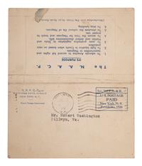[CIVIL RIGHTS]. NAACP membership card identified to Robert Washington, Dillwyn, Virginia. 1942.