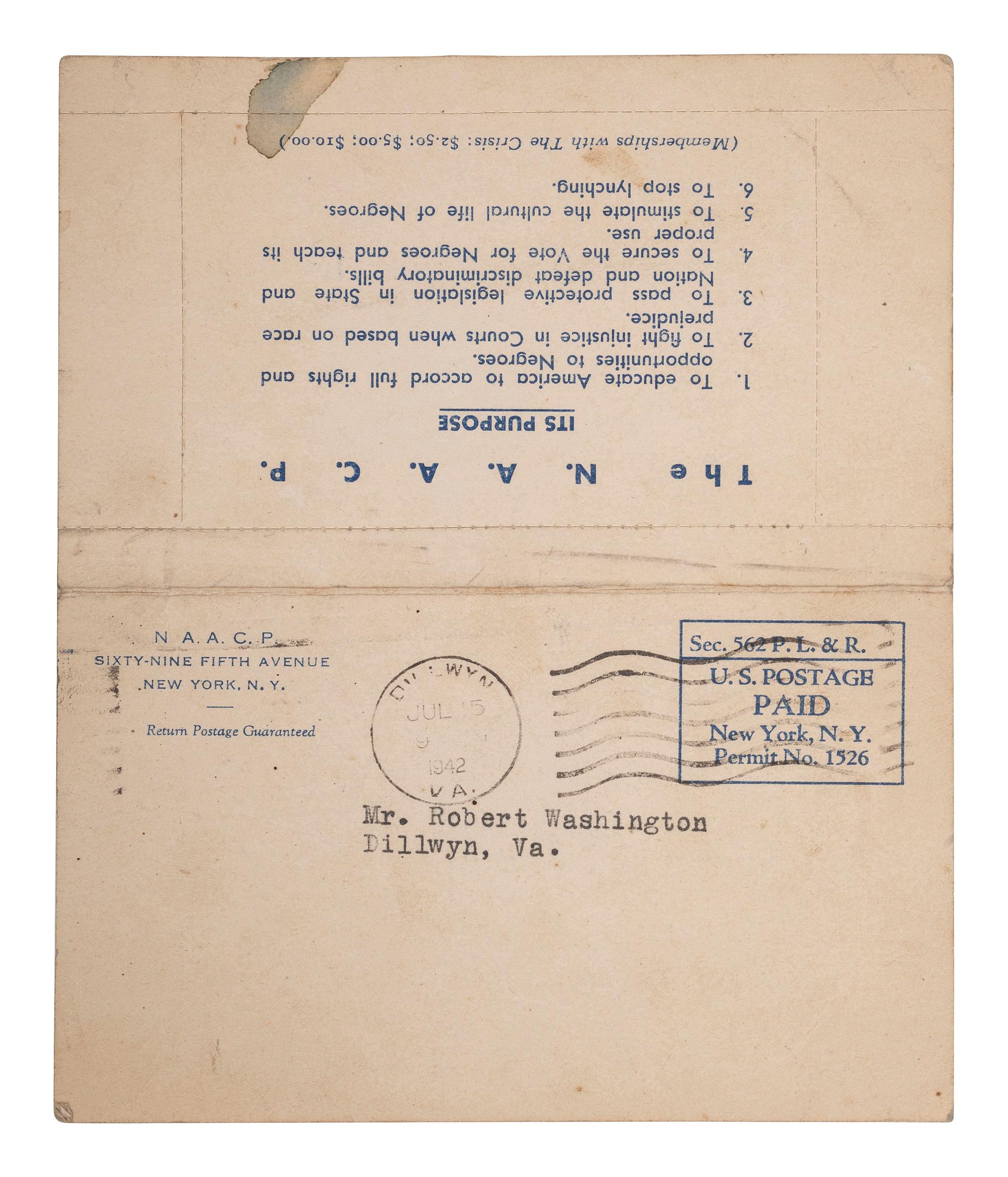 [CIVIL RIGHTS]. NAACP membership card identified to Robert Washington, Dillwyn, Virginia. 1942.