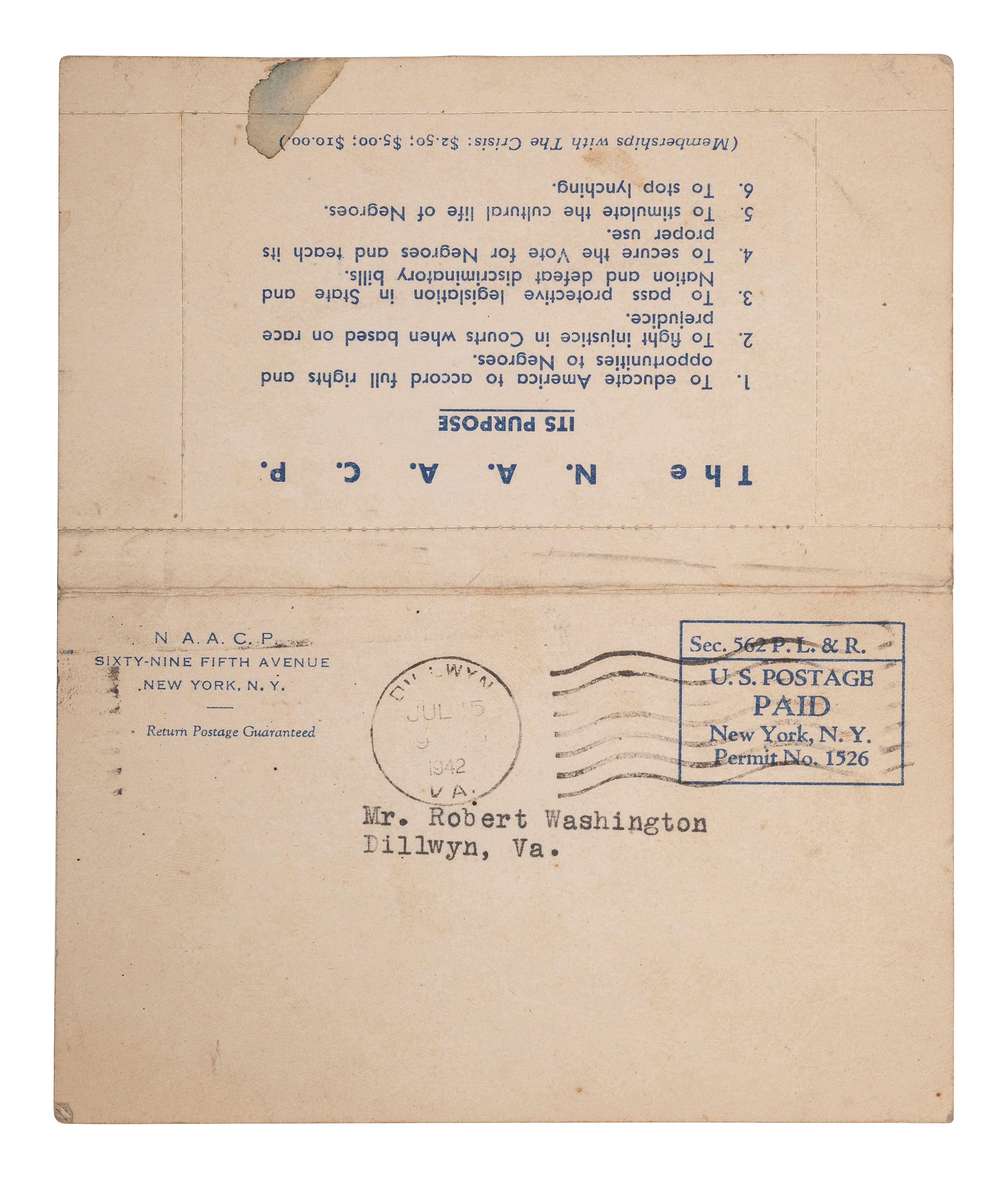 [CIVIL RIGHTS]. NAACP membership card identified to Robert Washington, Dillwyn, Virginia. 1942.