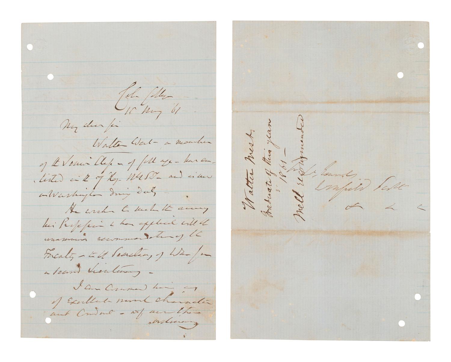 SCOTT, General Winfield (186-1866). Autograph endorsement with engraving and postal covers.