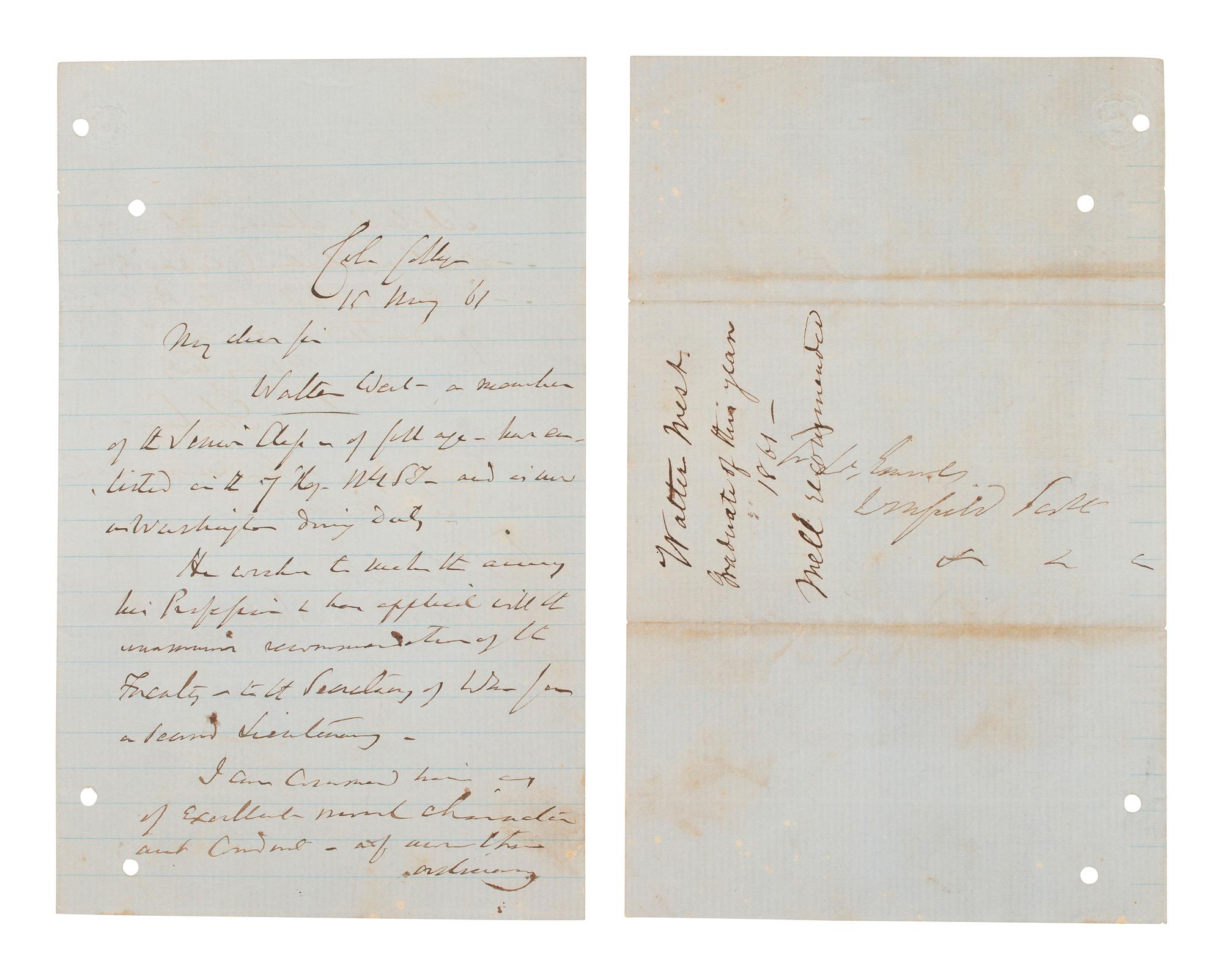 SCOTT, General Winfield (186-1866). Autograph endorsement with engraving and postal covers.