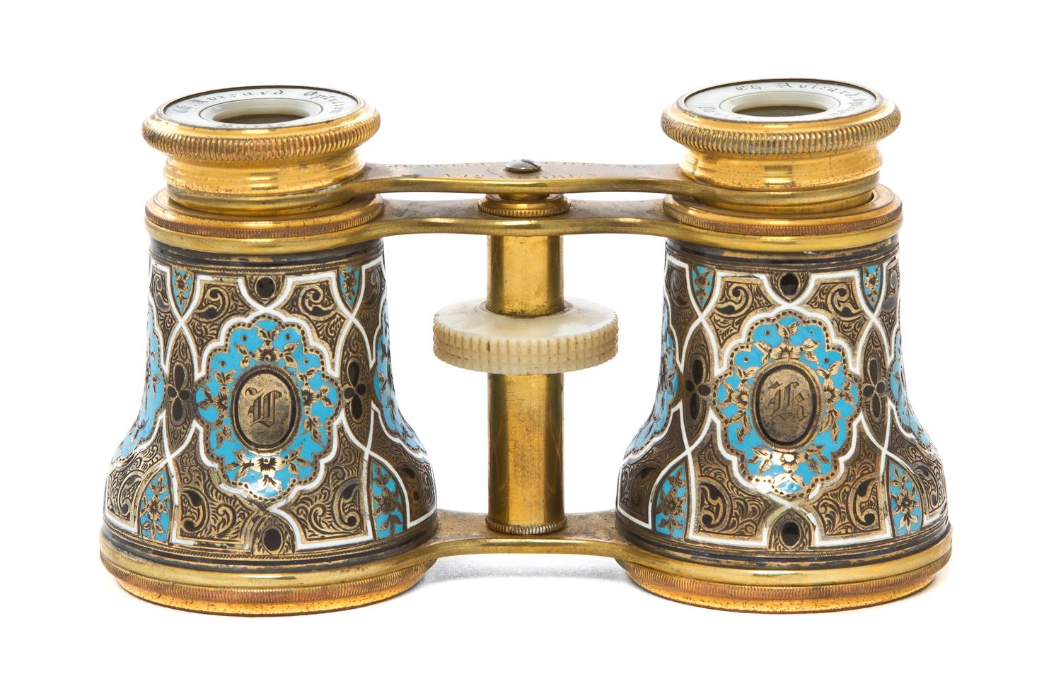 A Pair of French Champleve Decorated Opera Glasses, Width 4 1/8 inches.